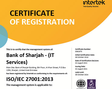 Renewed ISO 27001 Certificate of Bank of Sharjah (IT Services)