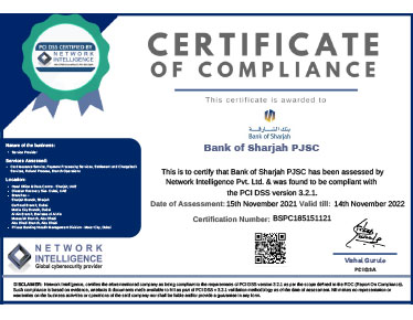 Bank of Sharjah is proud to announce its compliance with the Payment Card Industry Data Security Standard (PCI-DSS)